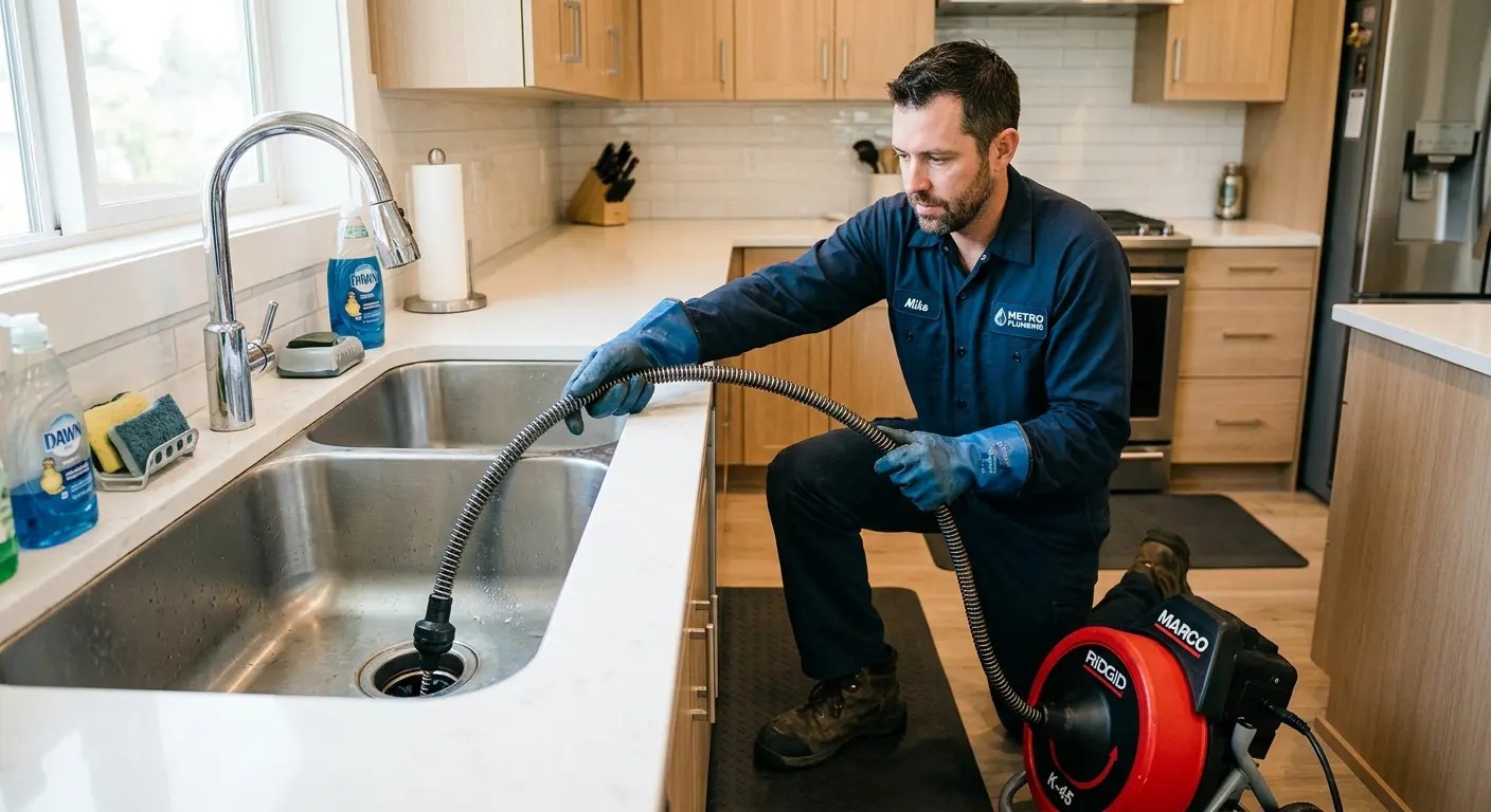 Drain cleaning technician using a motorized snake on a kitchen sink in Barnhart