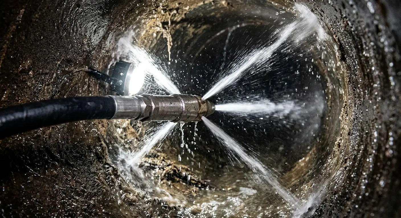 High-pressure hydro jetting nozzle cleaning sewer pipe for Sewer Cleanout in Barnhart