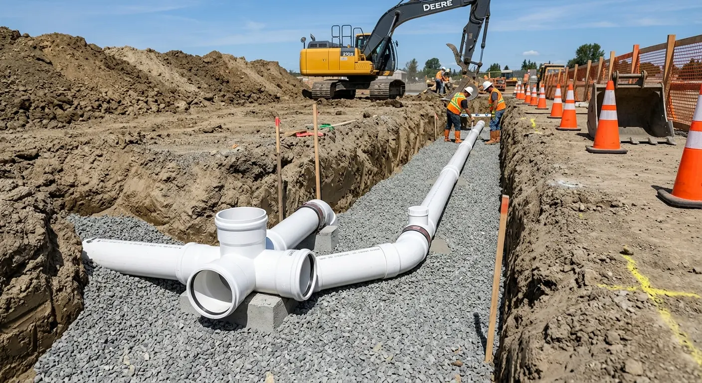 New PVC sewer pipe installation in open trench for Sewer Backup in Barnhart