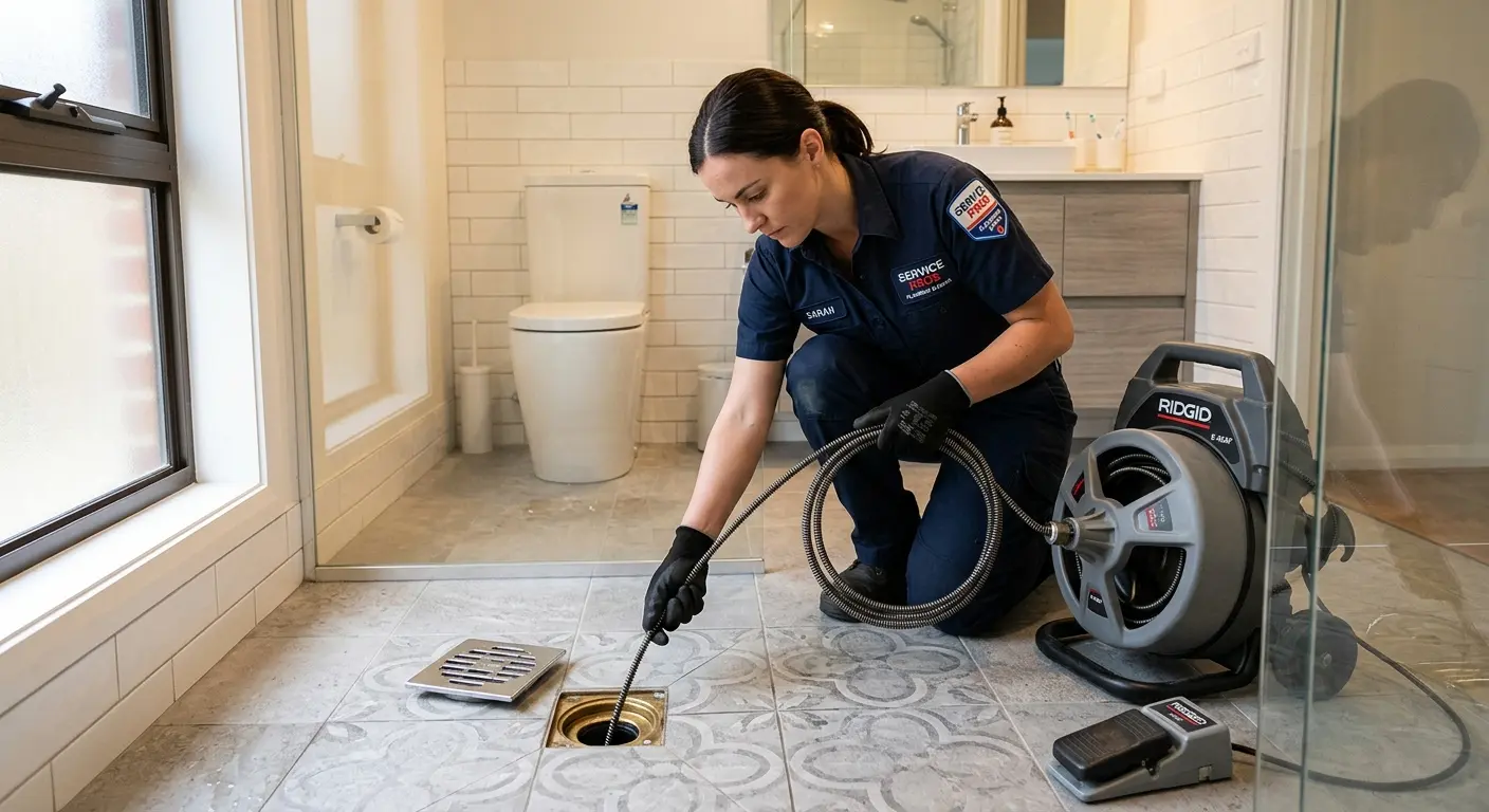 Technician clearing a bathroom floor drain for Hydro Jetting in Barnhart